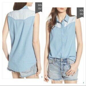 BP. Light Wash Chambray Point Collar Western Top